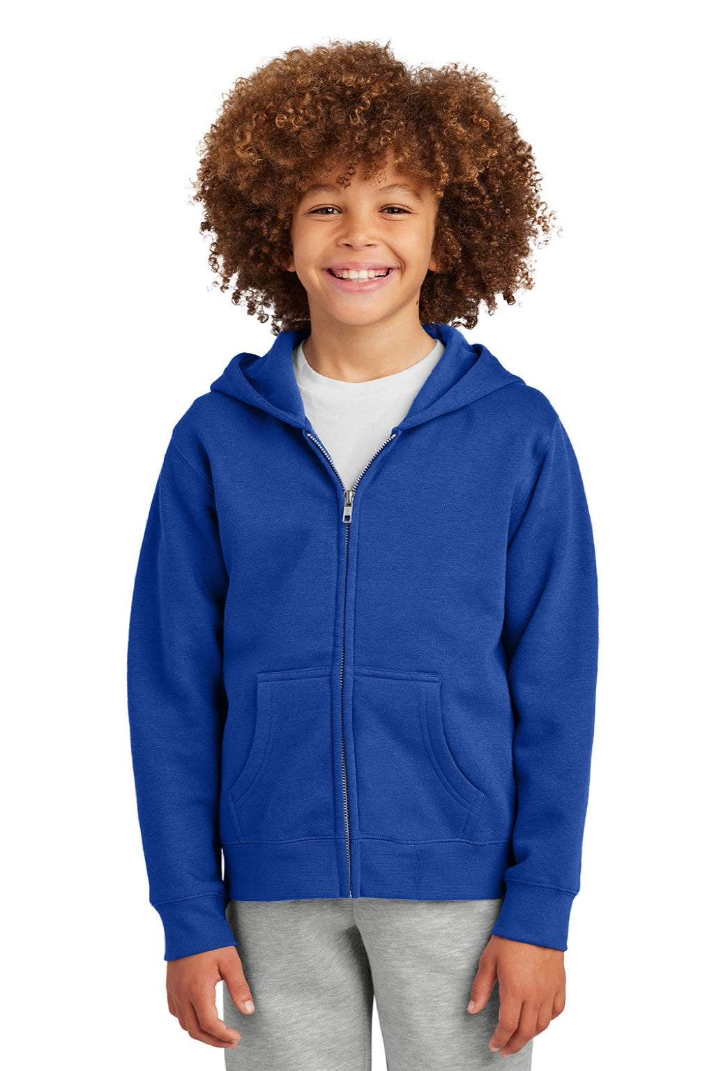 District DT6102Y Youth V.I.T. Fleece Full Zip Hooded Sweatshirt Hoodie w/ Pockets Deep Royal Blue Model Front