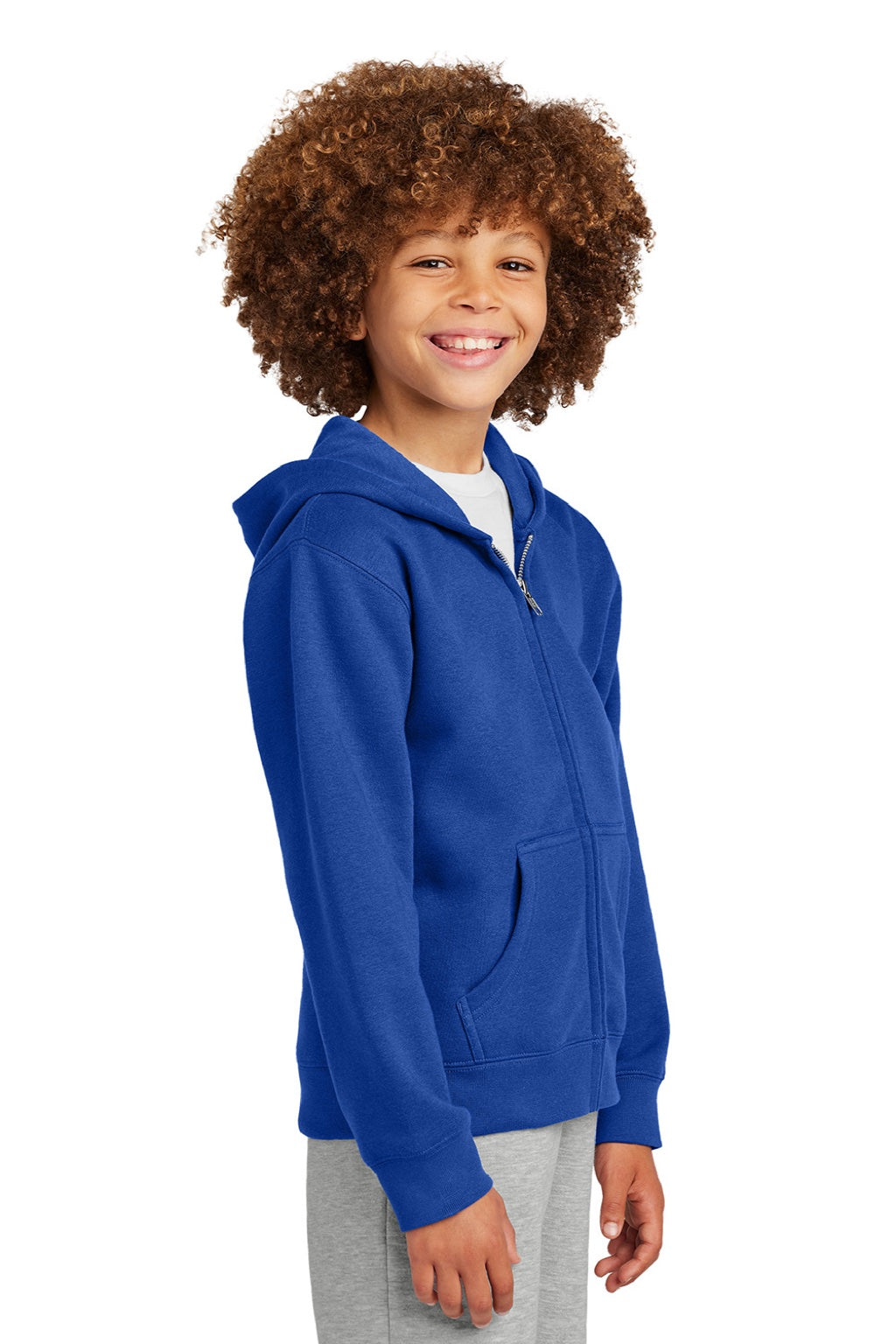 District DT6102Y Youth V.I.T. Fleece Full Zip Hooded Sweatshirt Hoodie w/ Pockets Deep Royal Blue Model Side