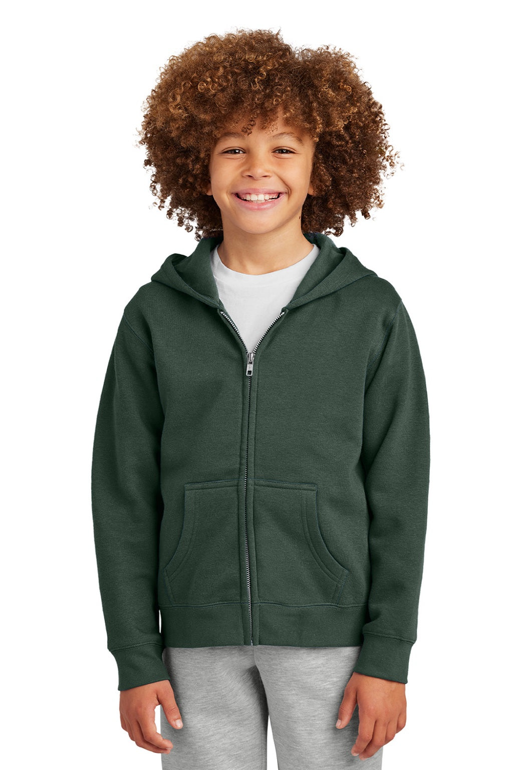 District DT6102Y Youth V.I.T. Fleece Full Zip Hooded Sweatshirt Hoodie w/ Pockets Forest Green Model Front