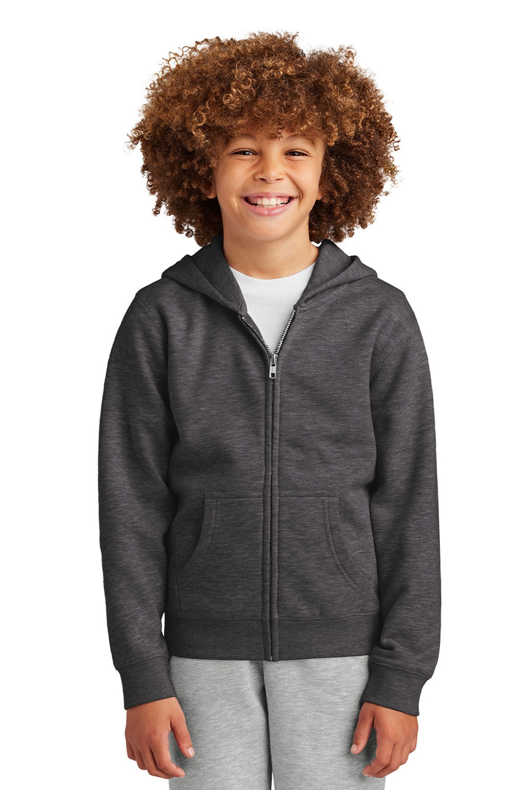District DT6102Y Youth V.I.T. Fleece Full Zip Hooded Sweatshirt Hoodie w/ Pockets Heather Charcoal Grey Model Front