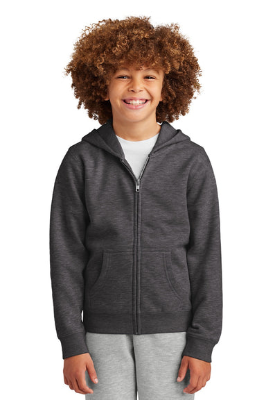 District DT6102Y Youth V.I.T. Fleece Full Zip Hooded Sweatshirt Hoodie w/ Pockets Heather Charcoal Grey Model Front
