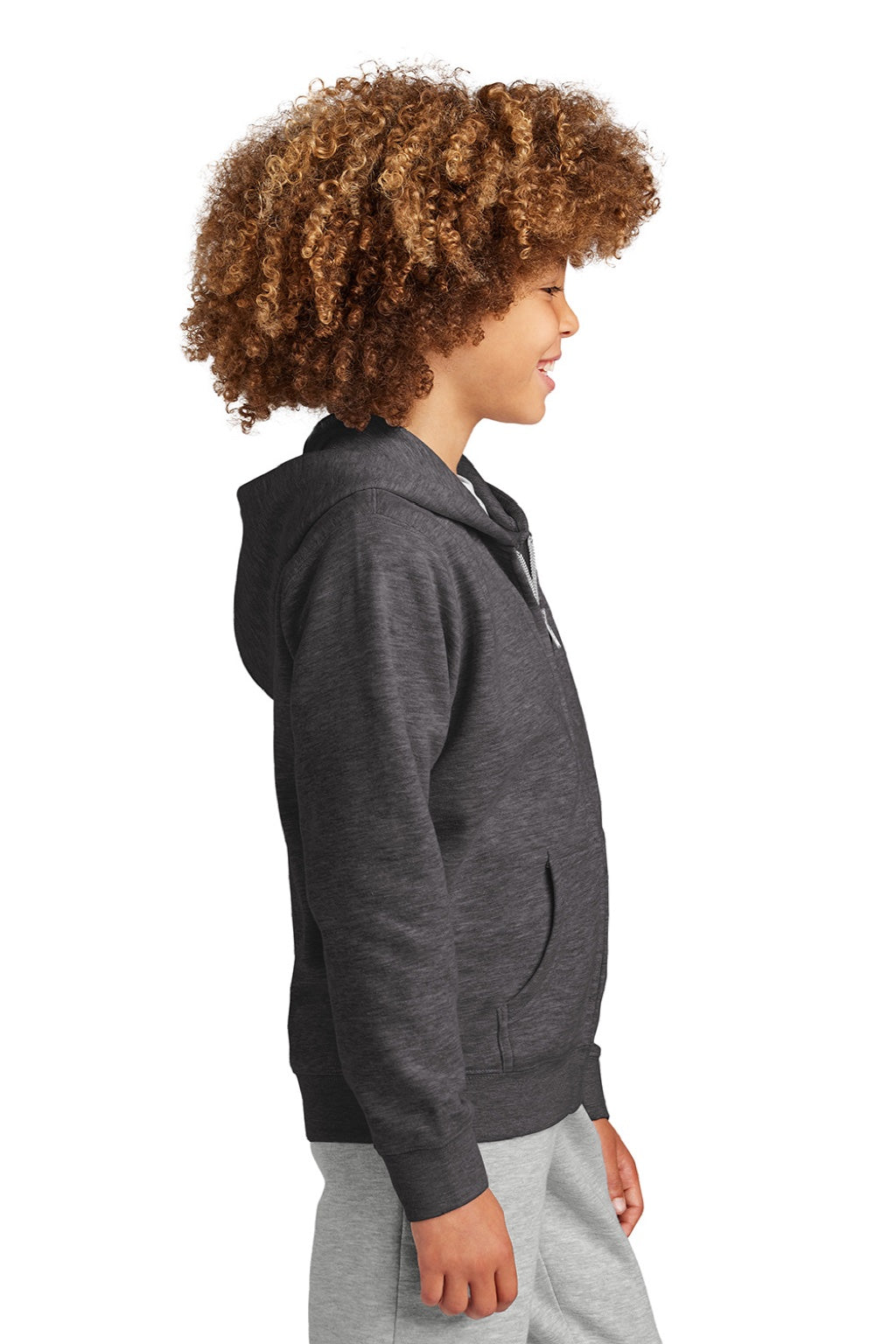 District DT6102Y Youth V.I.T. Fleece Full Zip Hooded Sweatshirt Hoodie w/ Pockets Heather Charcoal Grey Model Side