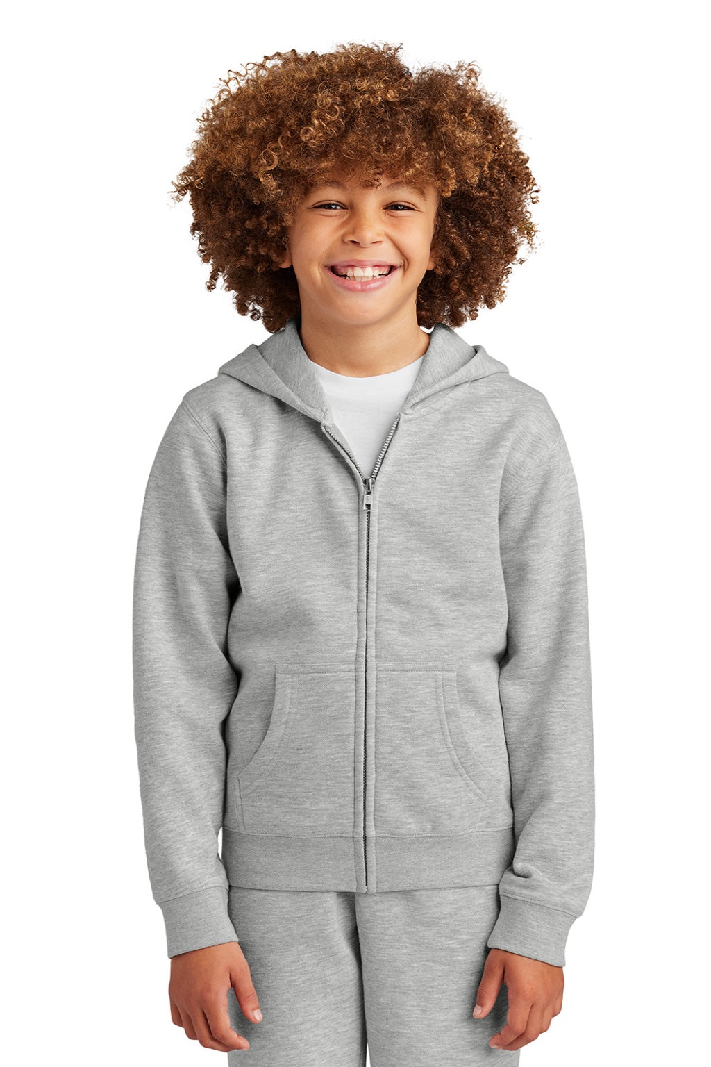 District DT6102Y Youth V.I.T. Fleece Full Zip Hooded Sweatshirt Hoodie w/ Pockets Heather Light Grey Model Front