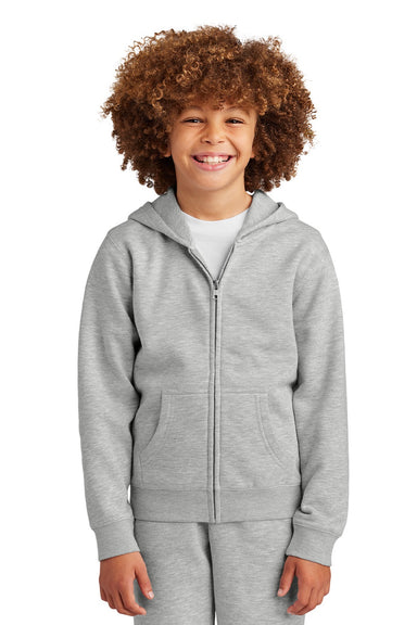 District DT6102Y Youth V.I.T. Fleece Full Zip Hooded Sweatshirt Hoodie w/ Pockets Heather Light Grey Model Front