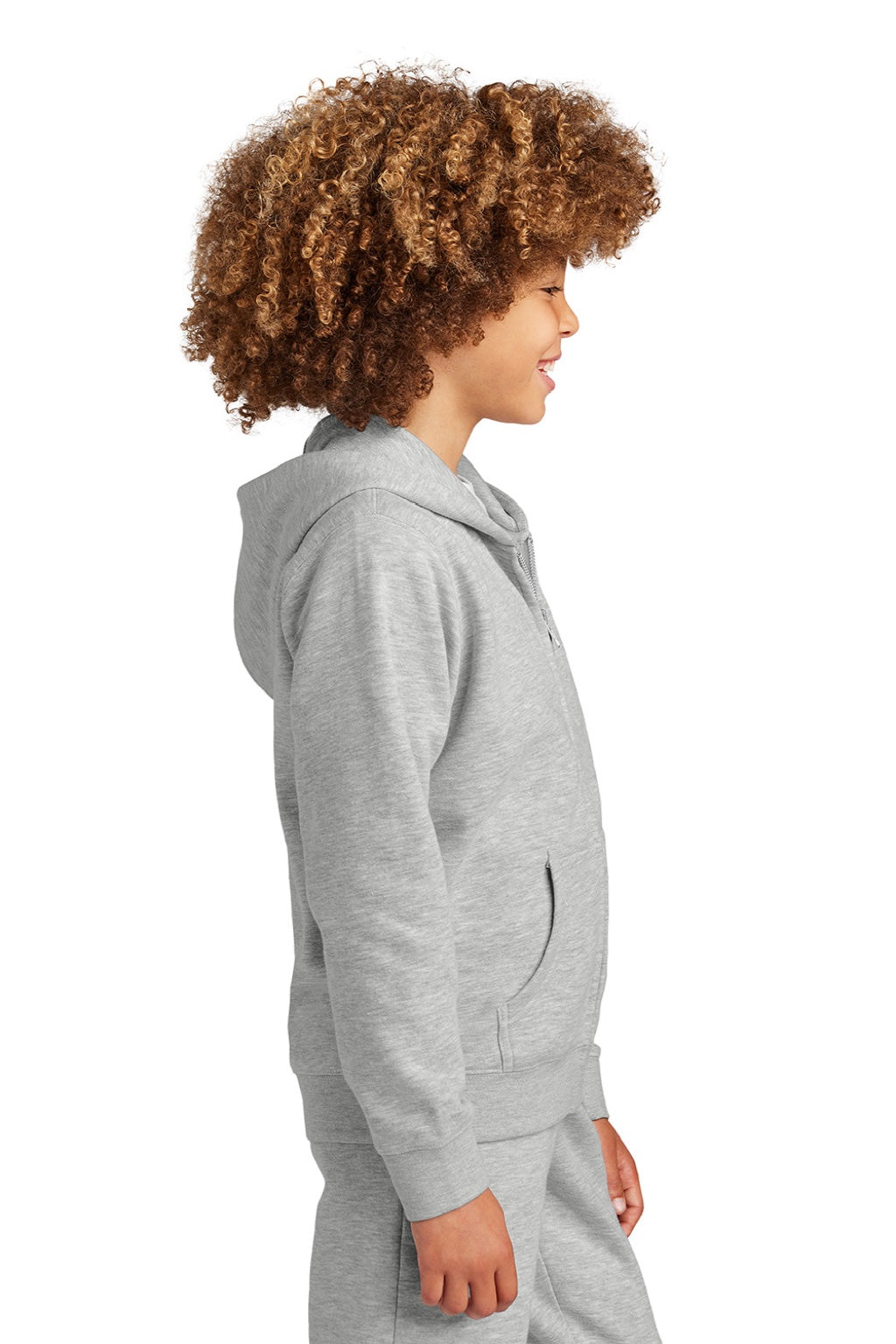 District DT6102Y Youth V.I.T. Fleece Full Zip Hooded Sweatshirt Hoodie w/ Pockets Heather Light Grey Model Side
