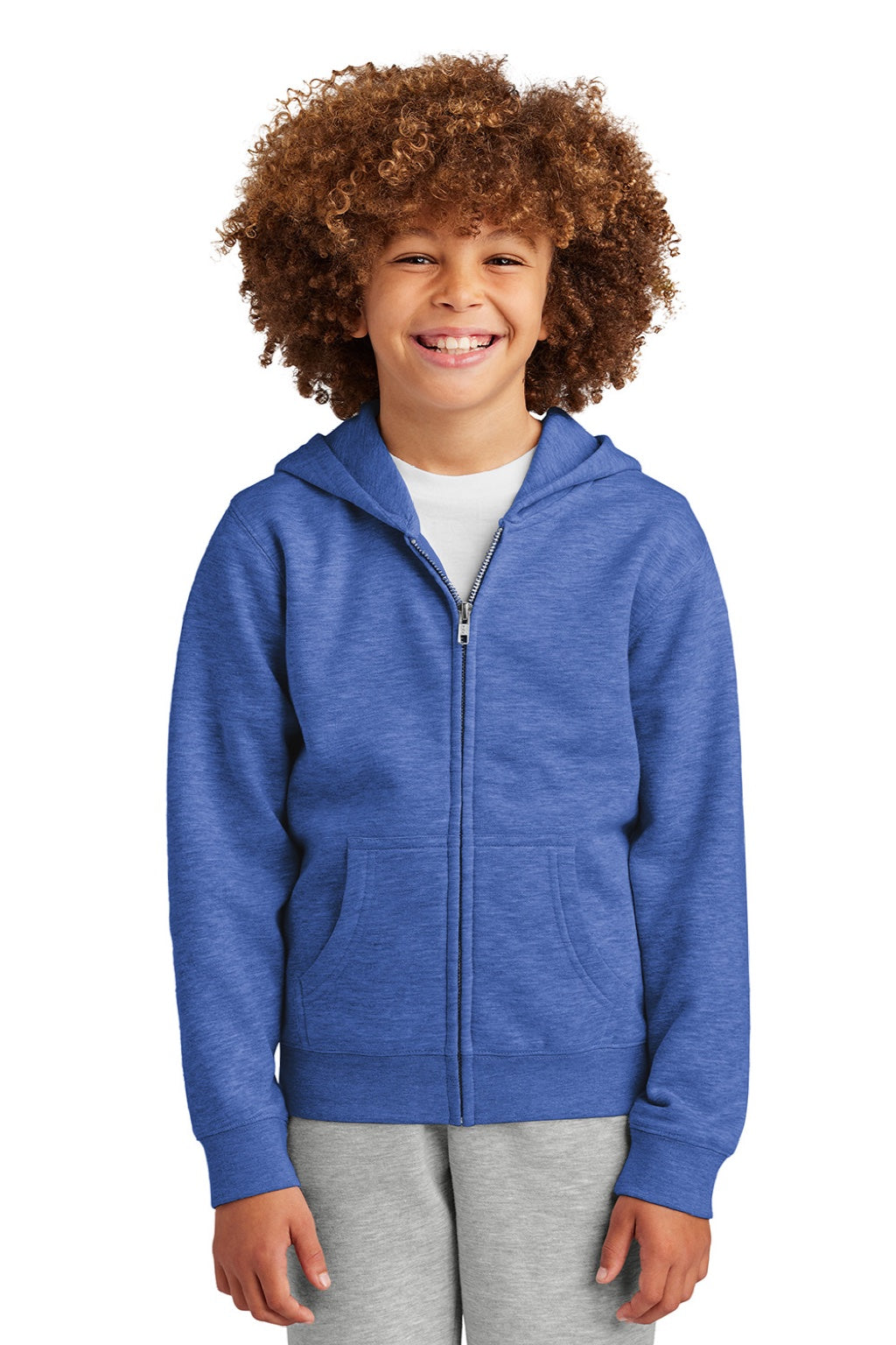 District DT6102Y Youth V.I.T. Fleece Full Zip Hooded Sweatshirt Hoodie w/ Pockets Royal Blue Frost Model Front