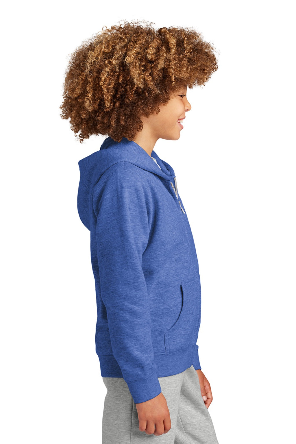 District DT6102Y Youth V.I.T. Fleece Full Zip Hooded Sweatshirt Hoodie w/ Pockets Royal Blue Frost Model Side