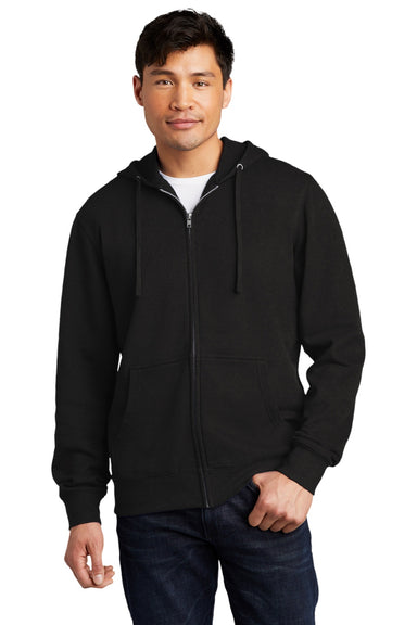 District DT6102 Mens Very Important Fleece Full Zip Hooded Sweatshirt Hoodie w/ Pockets Black Model Front