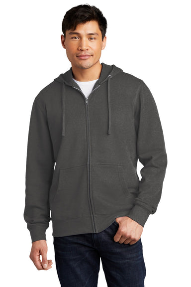 District DT6102 Mens Very Important Fleece Full Zip Hooded Sweatshirt Hoodie w/ Pockets Charcoal Grey Model Front