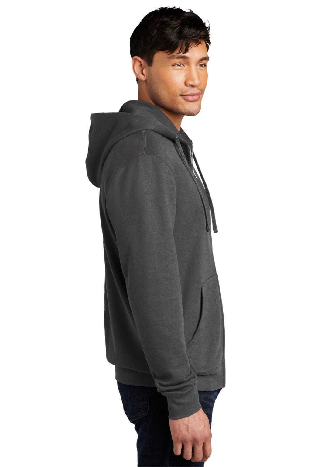 District DT6102 Mens Very Important Fleece Full Zip Hooded Sweatshirt Hoodie w/ Pockets Charcoal Grey Model Side