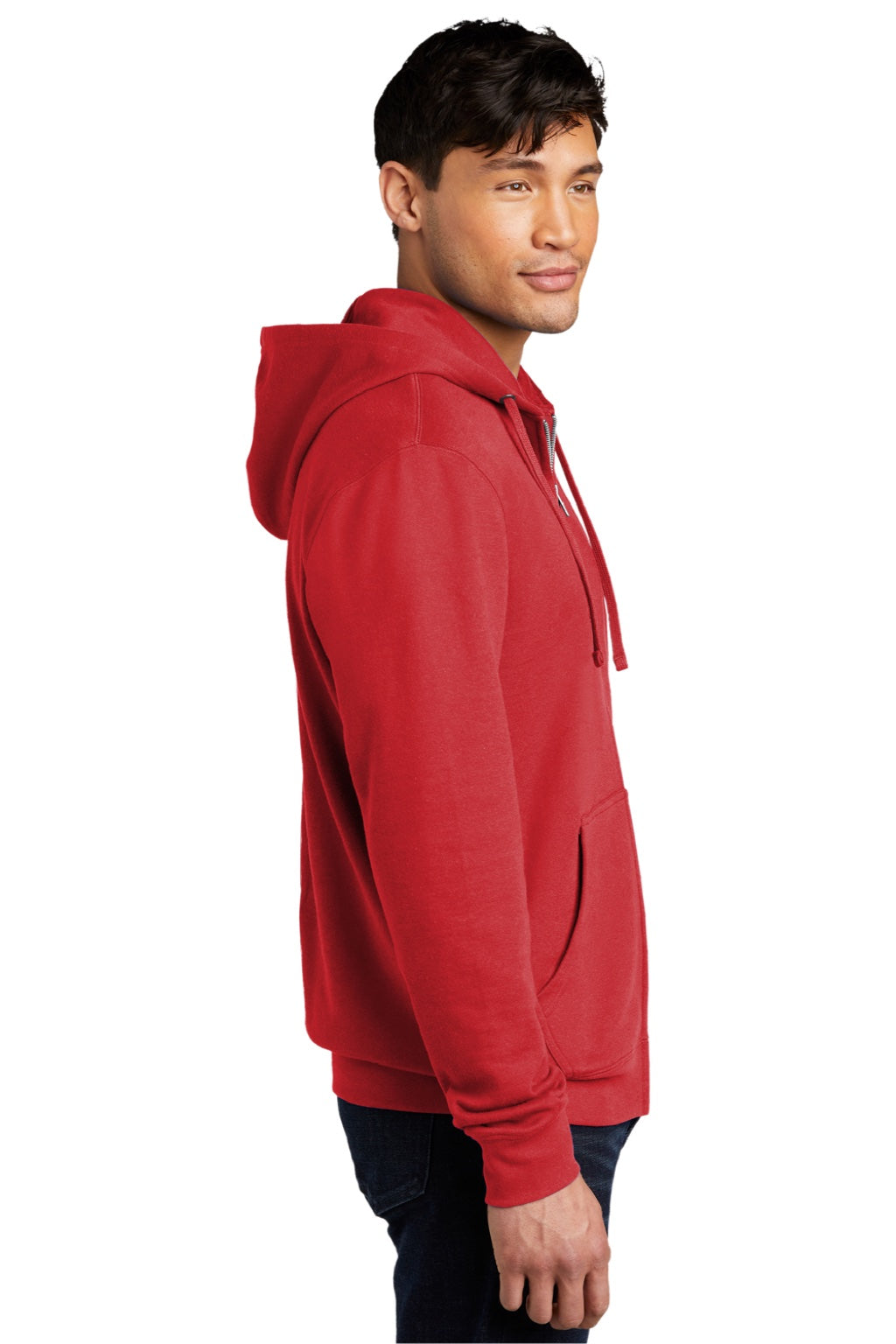District DT6102 Mens Very Important Fleece Full Zip Hooded Sweatshirt Hoodie w/ Pockets Classic Red Model Side