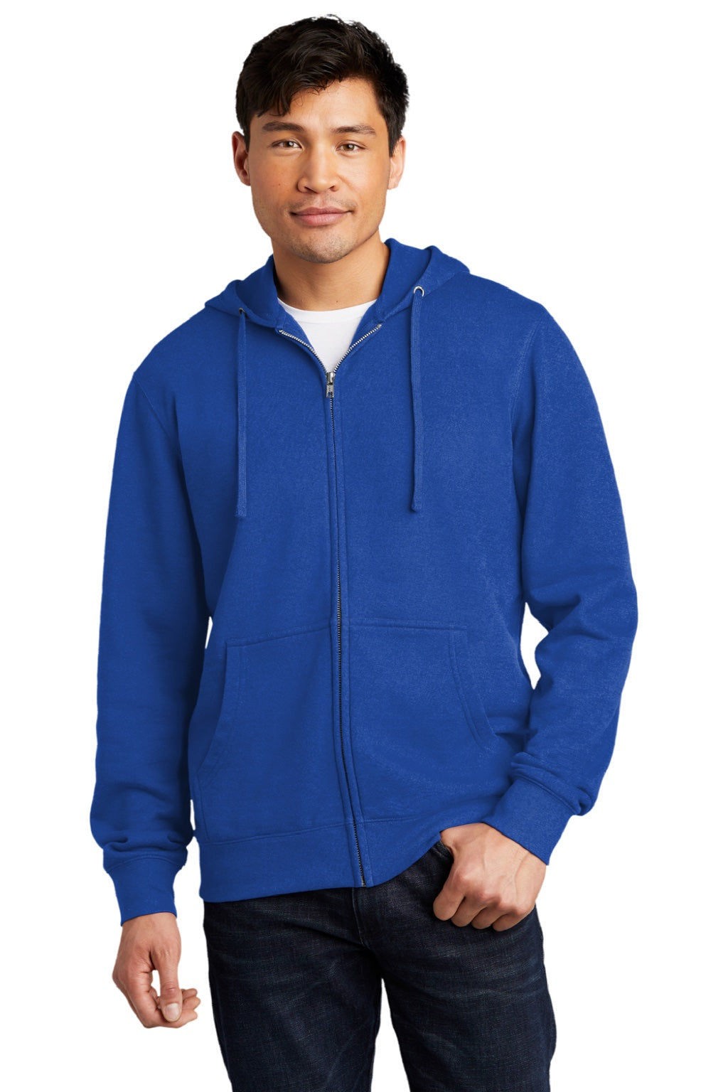 District DT6102 Mens Very Important Fleece Full Zip Hooded Sweatshirt Hoodie w/ Pockets Deep Royal Blue Model Front