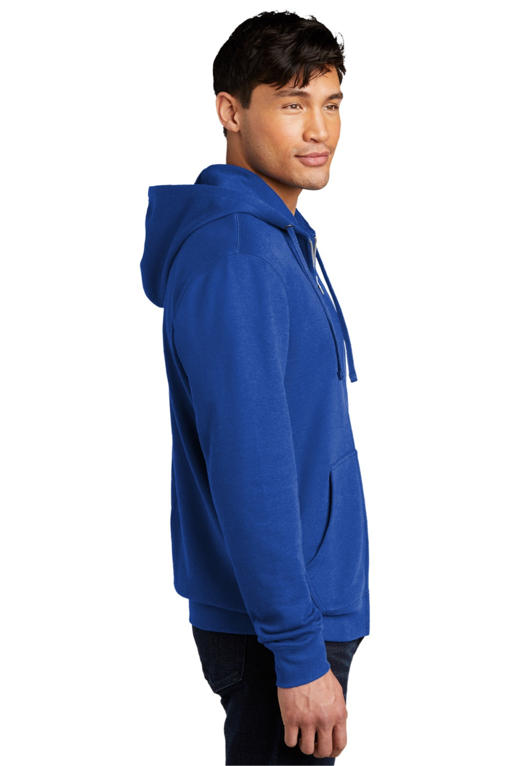 District DT6102 Mens Very Important Fleece Full Zip Hooded Sweatshirt Hoodie w/ Pockets Deep Royal Blue Model Side