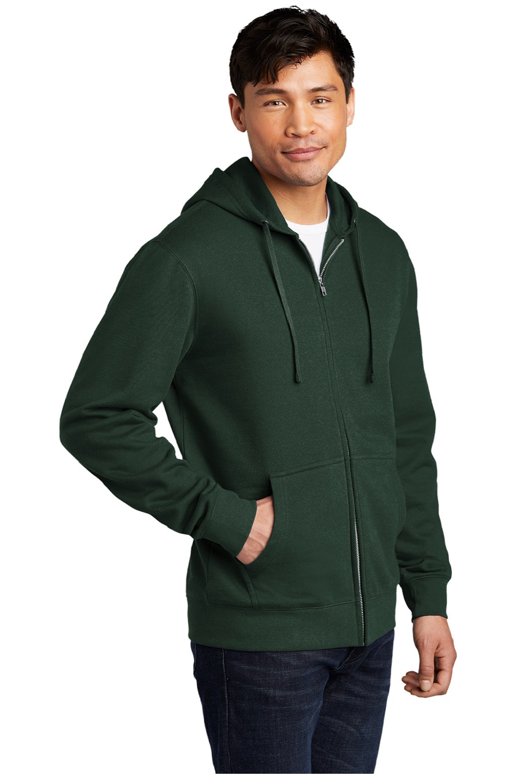 District DT6102 Mens Very Important Fleece Full Zip Hooded Sweatshirt Hoodie w/ Pockets Forest Green Model 3q
