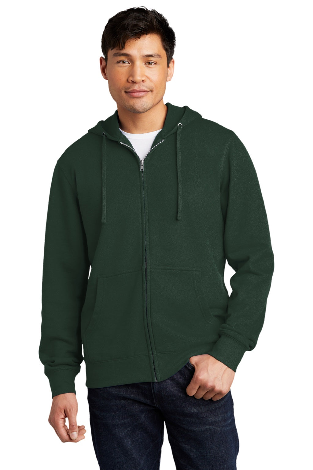 District DT6102 Mens Very Important Fleece Full Zip Hooded Sweatshirt Hoodie w/ Pockets Forest Green Model Front