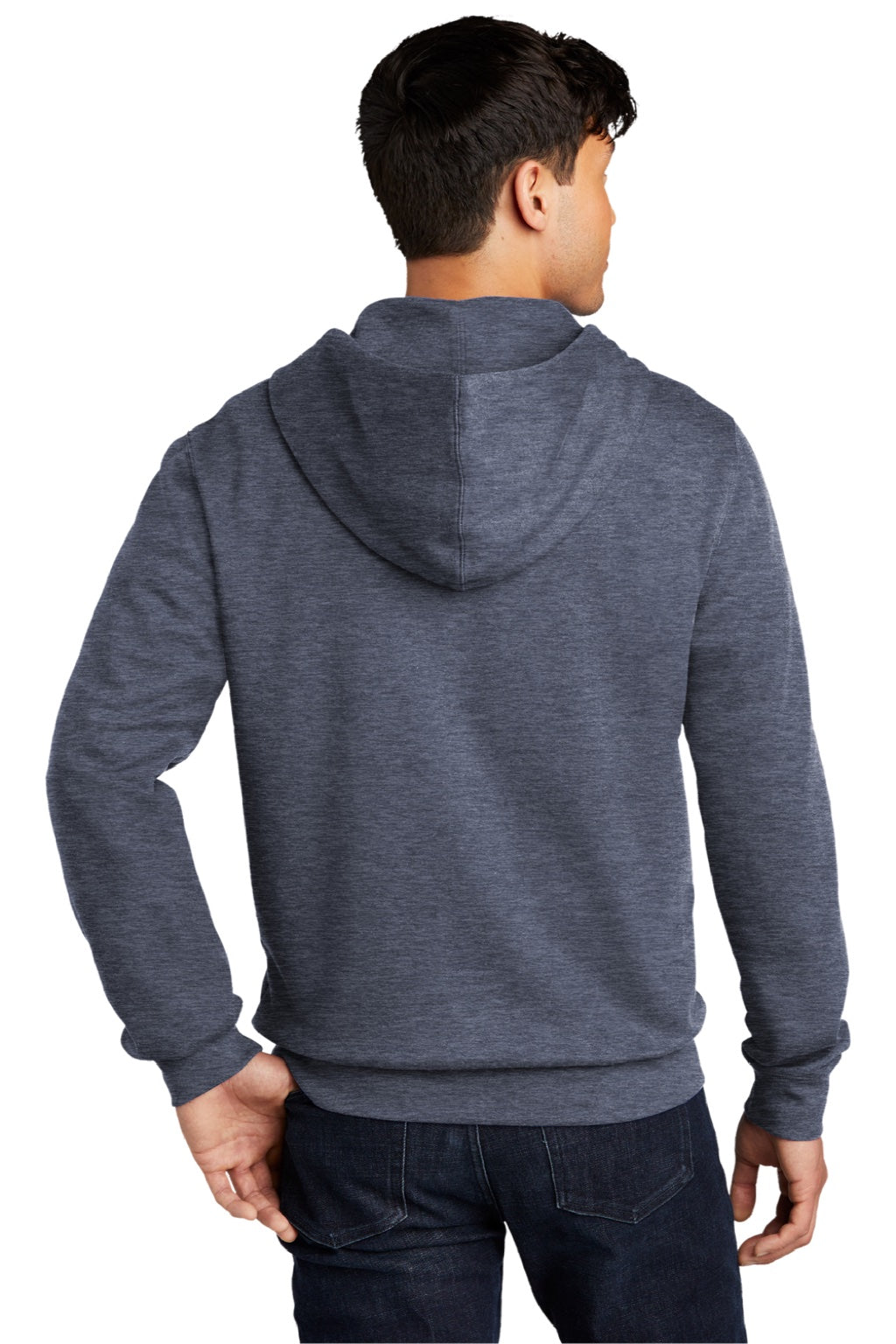 District DT6102 Mens Very Important Fleece Full Zip Hooded Sweatshirt Hoodie w/ Pockets Heather Navy Blue Model Back