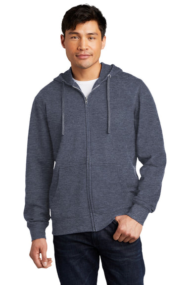 District DT6102 Mens Very Important Fleece Full Zip Hooded Sweatshirt Hoodie w/ Pockets Heather Navy Blue Model Front