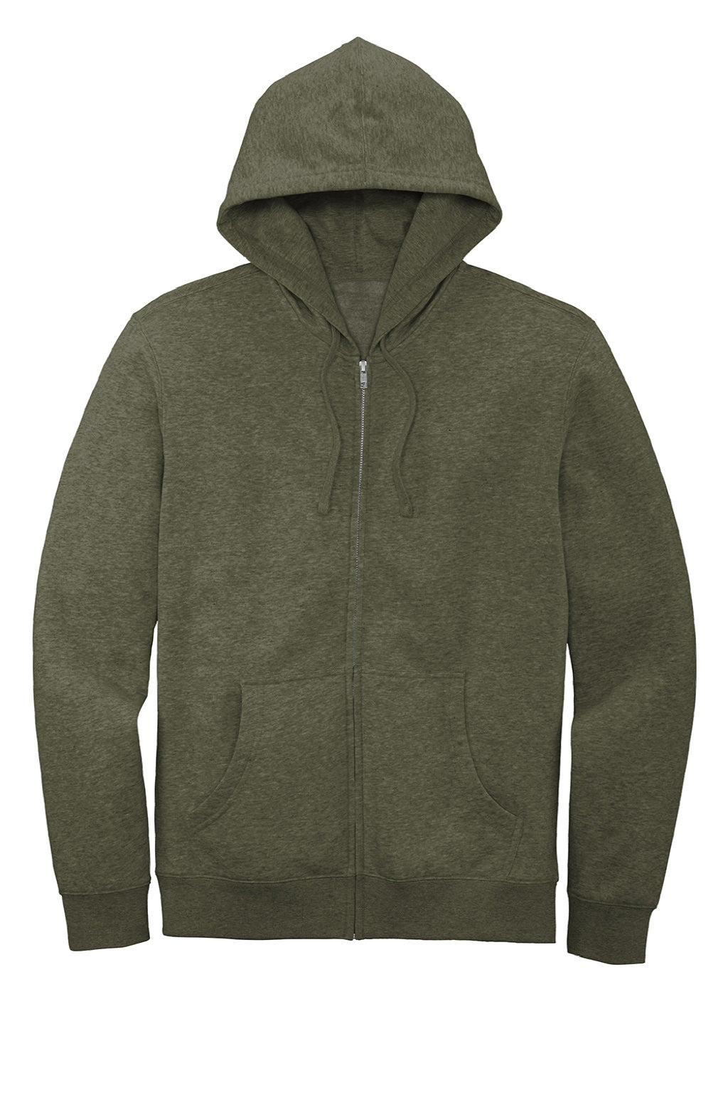 District DT6102 Mens Very Important Fleece Full Zip Hooded Sweatshirt Hoodie w/ Pockets Heather Olive Green Flat Front