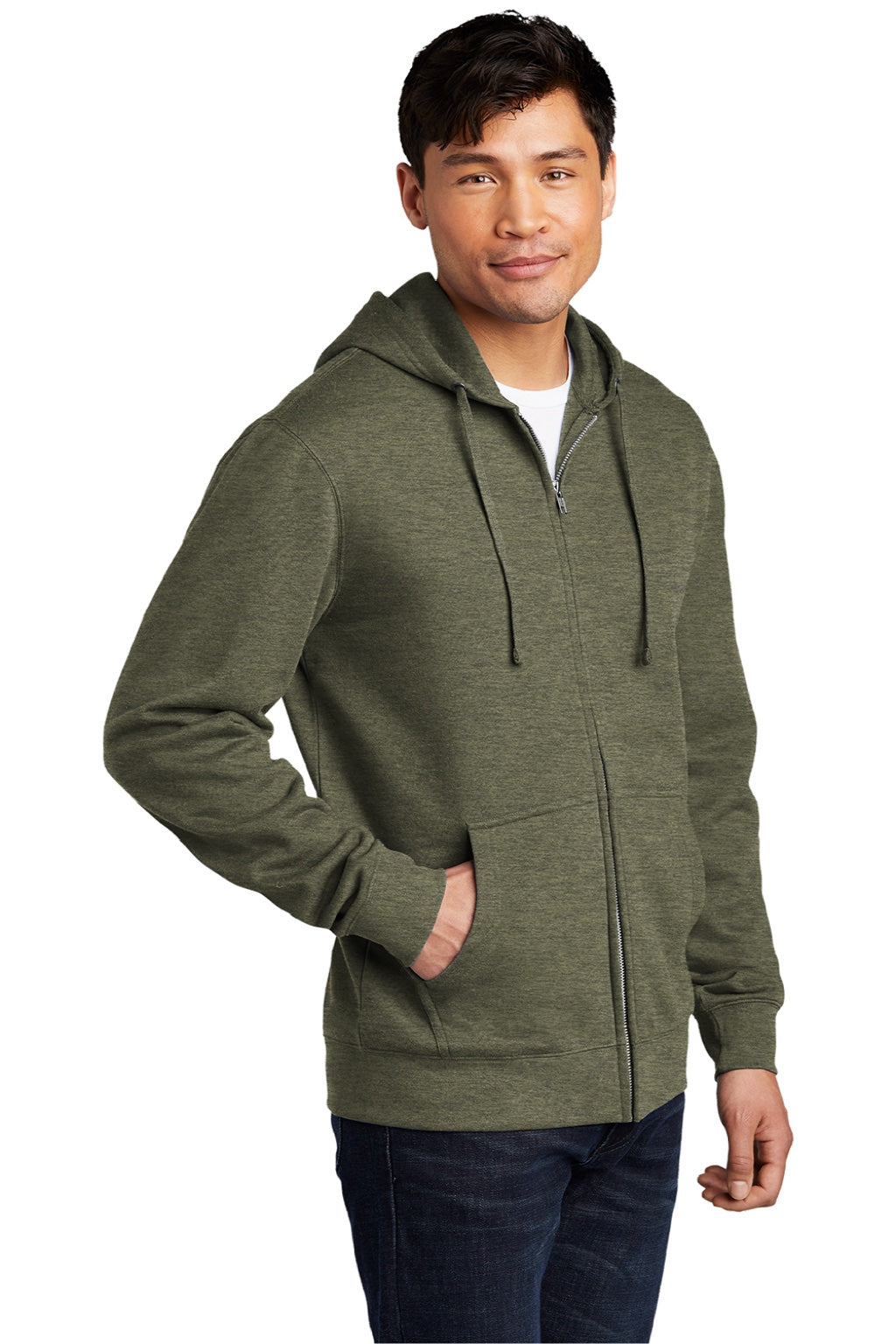 District DT6102 Mens Very Important Fleece Full Zip Hooded Sweatshirt Hoodie w/ Pockets Heather Olive Green Model 3q