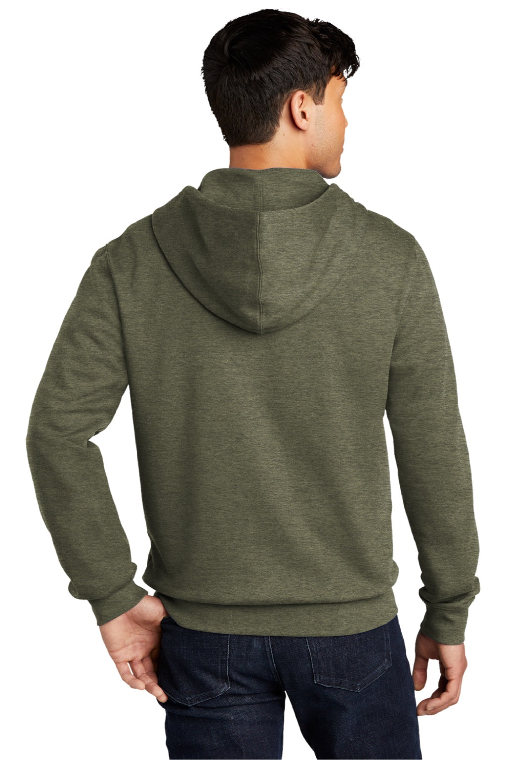 District DT6102 Mens Very Important Fleece Full Zip Hooded Sweatshirt Hoodie w/ Pockets Heather Olive Green Model Back