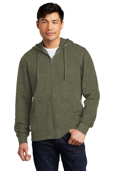 District DT6102 Mens Very Important Fleece Full Zip Hooded Sweatshirt Hoodie w/ Pockets Heather Olive Green Model Front