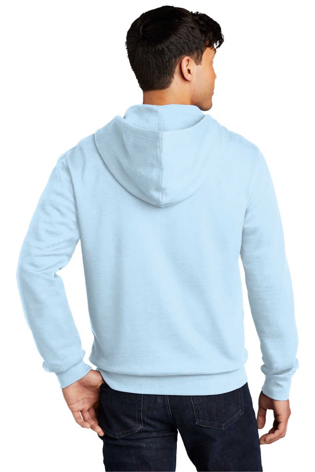 District DT6102 Mens Very Important Fleece Full Zip Hooded Sweatshirt Hoodie w/ Pockets Ice Blue Model Back