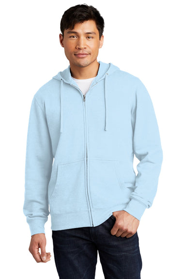 District DT6102 Mens Very Important Fleece Full Zip Hooded Sweatshirt Hoodie w/ Pockets Ice Blue Model Front