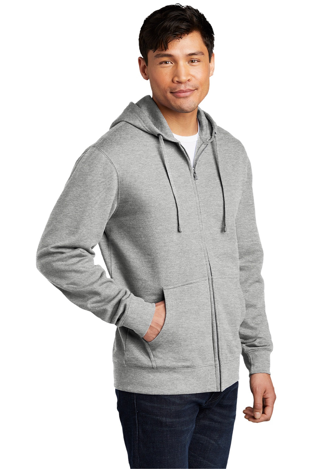 District DT6102 Mens Very Important Fleece Full Zip Hooded Sweatshirt Hoodie w/ Pockets Heather Light Grey Model 3q