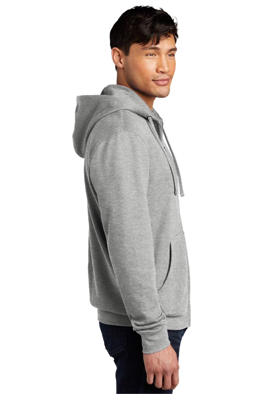 District DT6102 Mens Very Important Fleece Full Zip Hooded Sweatshirt Hoodie w/ Pockets Heather Light Grey Model Side