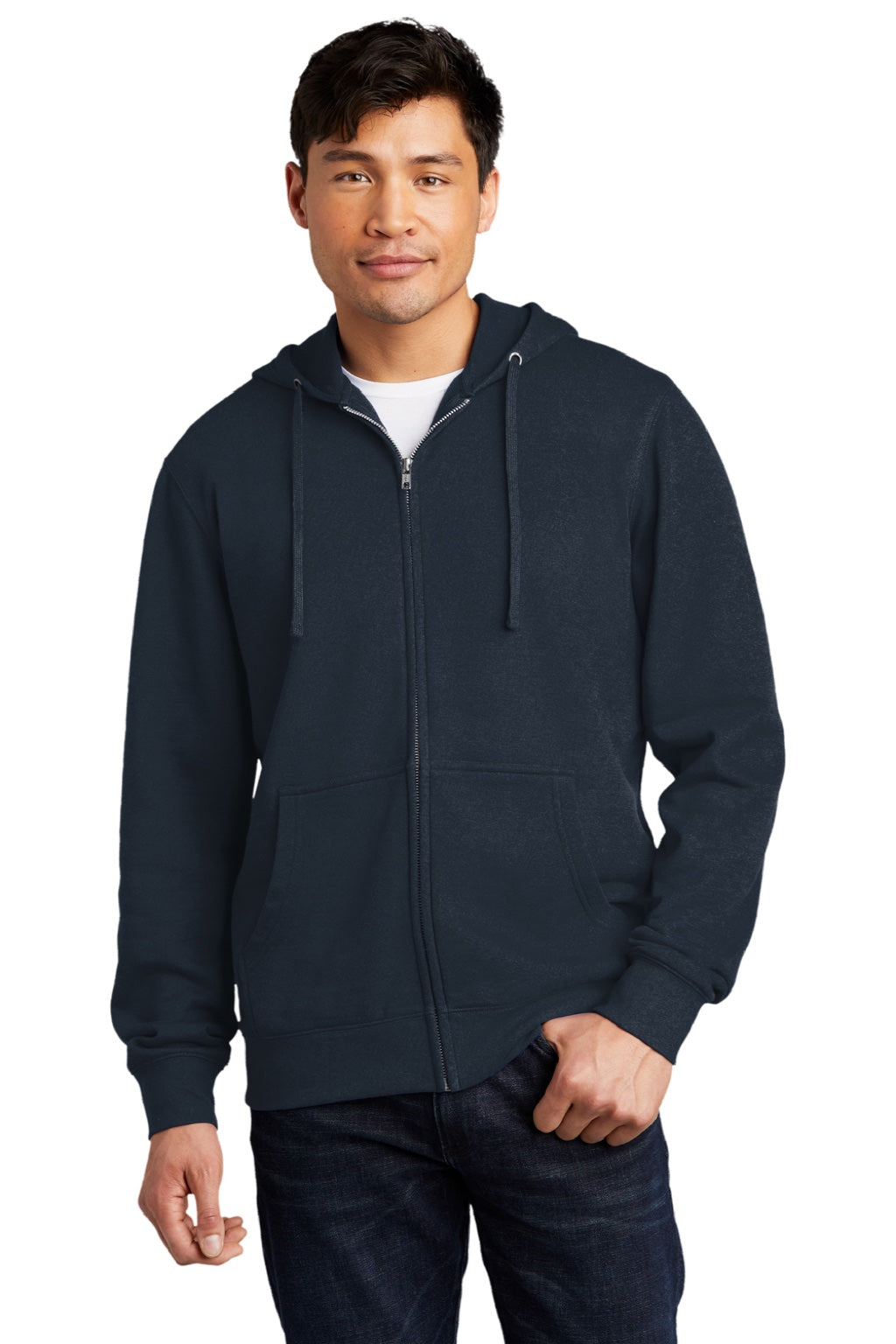 District DT6102 Mens Very Important Fleece Full Zip Hooded Sweatshirt Hoodie w/ Pockets New Navy Blue Model Front
