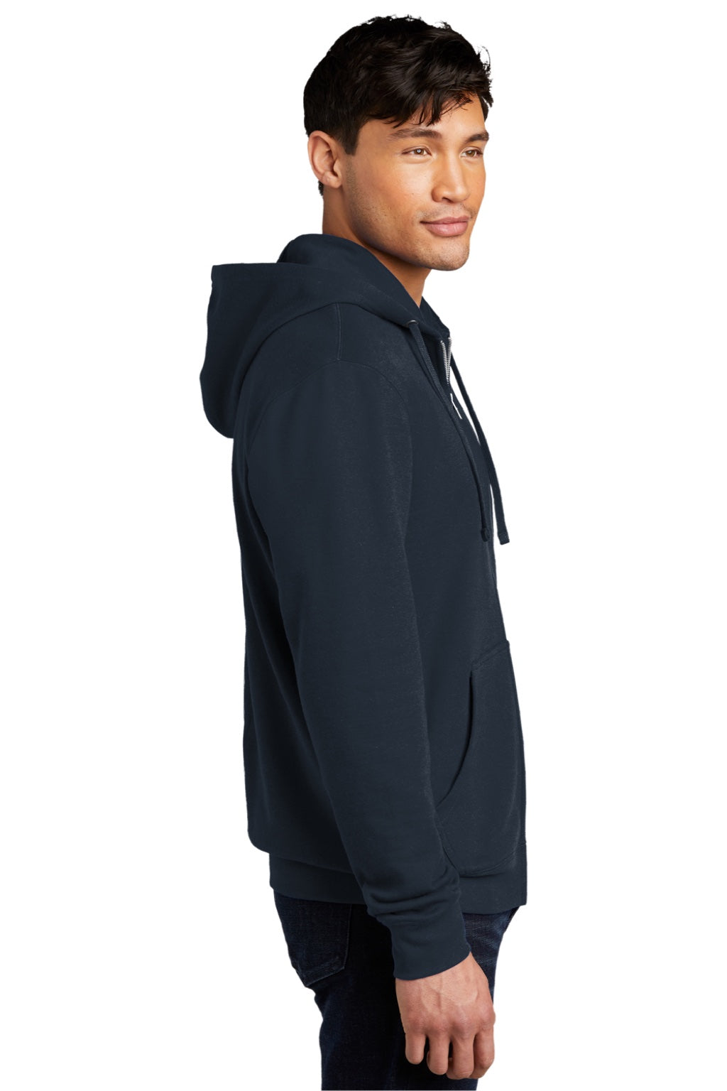 District DT6102 Mens Very Important Fleece Full Zip Hooded Sweatshirt Hoodie w/ Pockets New Navy Blue Model Side