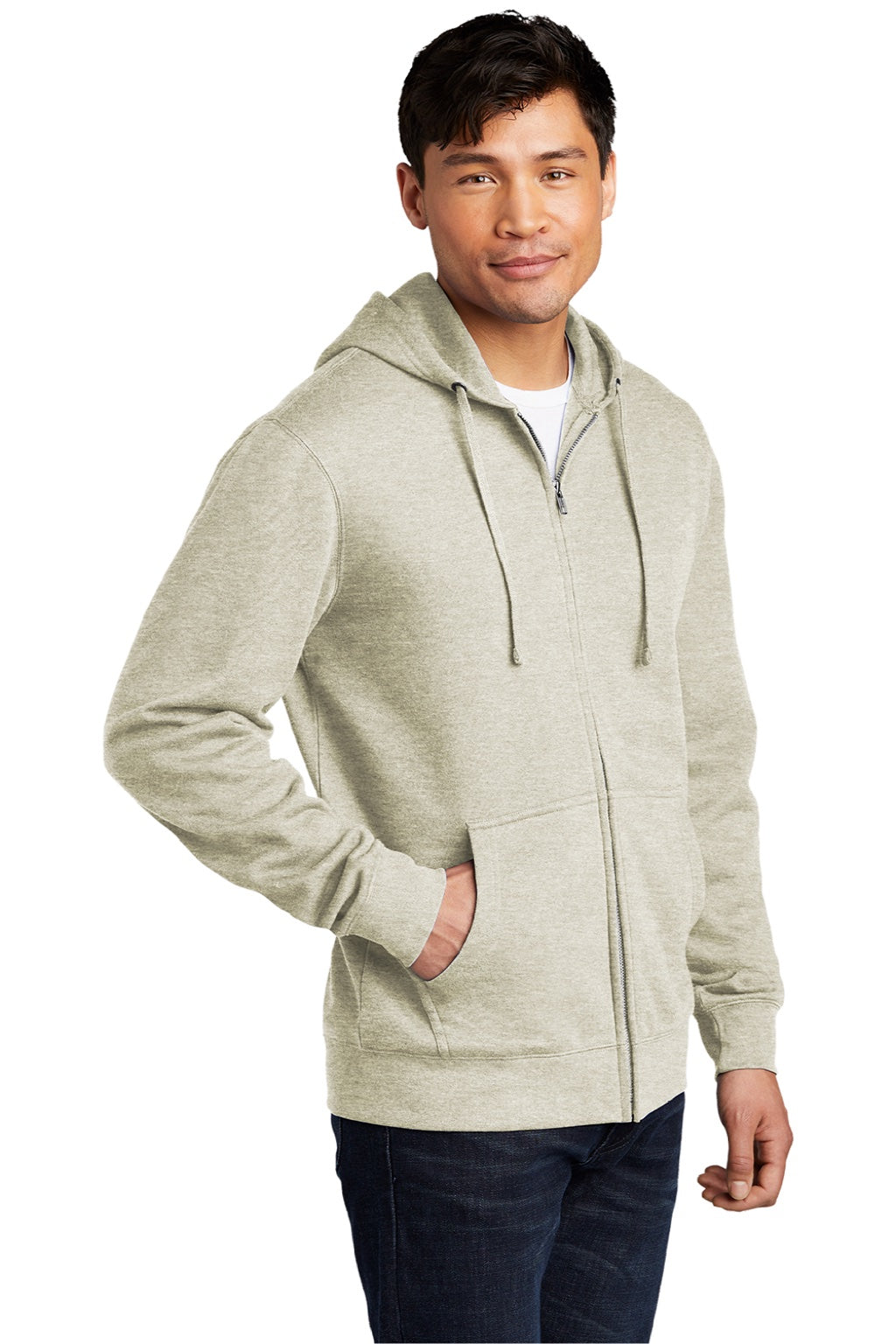 District DT6102 Mens Very Important Fleece Full Zip Hooded Sweatshirt Hoodie w/ Pockets Heather Oatmeal Model 3q