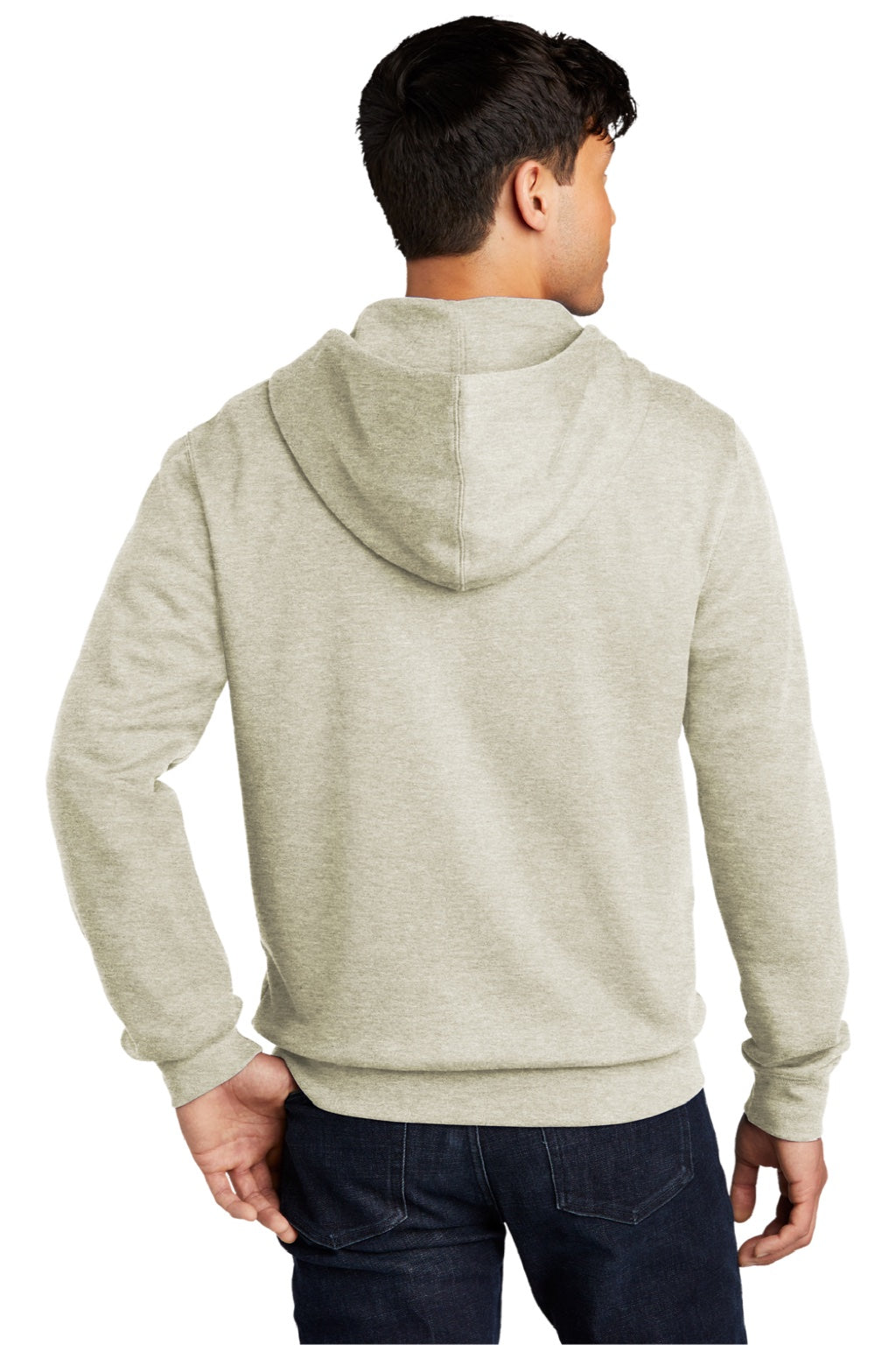 District DT6102 Mens Very Important Fleece Full Zip Hooded Sweatshirt Hoodie w/ Pockets Heather Oatmeal Model Back