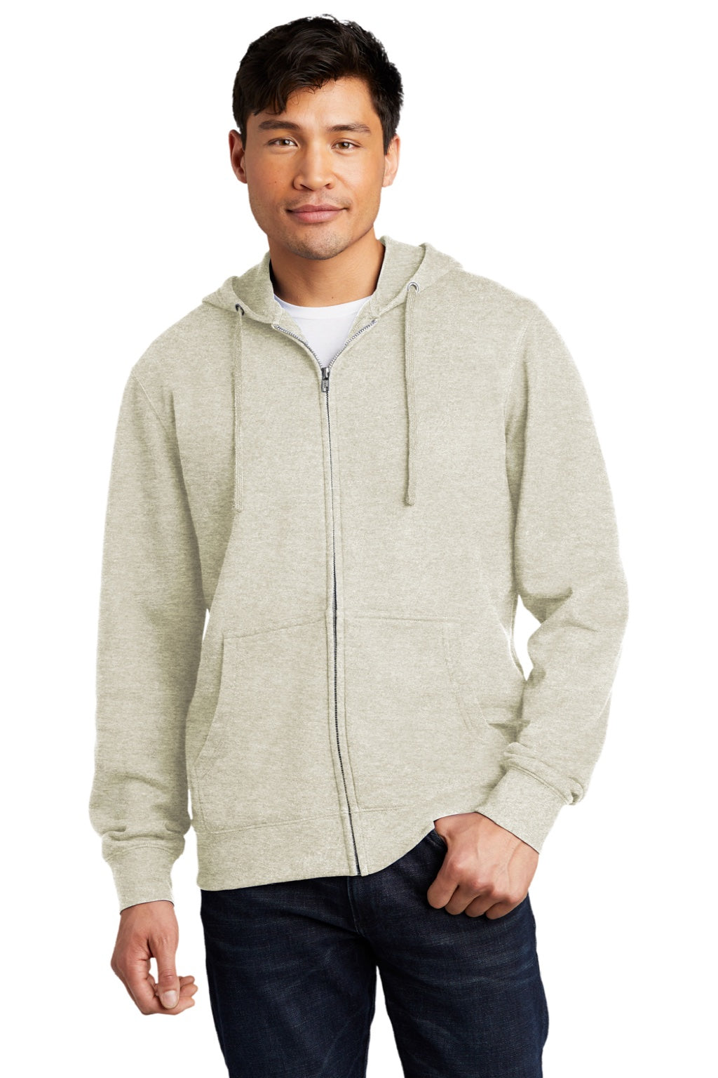 District DT6102 Mens Very Important Fleece Full Zip Hooded Sweatshirt Hoodie w/ Pockets Heather Oatmeal Model Front