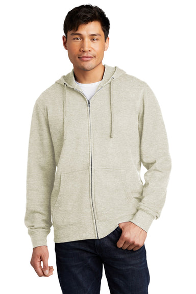 District DT6102 Mens Very Important Fleece Full Zip Hooded Sweatshirt Hoodie w/ Pockets Heather Oatmeal Model Front