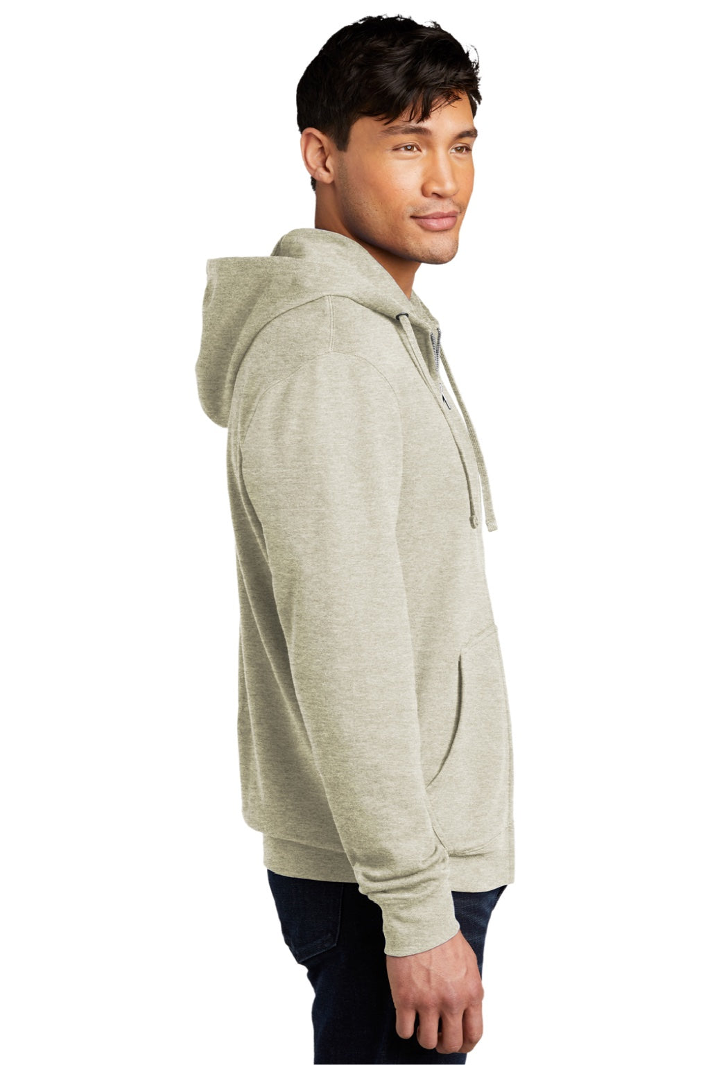 District DT6102 Mens Very Important Fleece Full Zip Hooded Sweatshirt Hoodie w/ Pockets Heather Oatmeal Model Side
