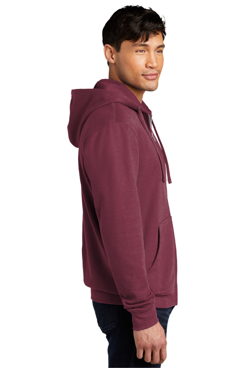 District DT6102 Mens Very Important Fleece Full Zip Hooded Sweatshirt Hoodie w/ Pockets Plum Purple Model Side
