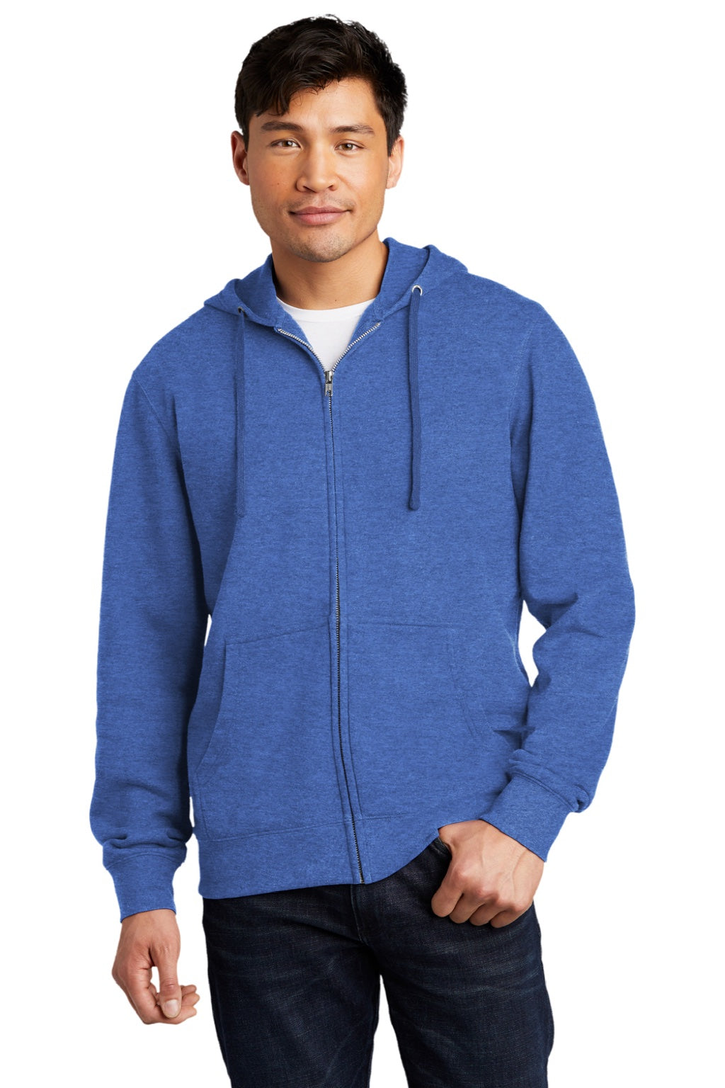 District DT6102 Mens Very Important Fleece Full Zip Hooded Sweatshirt Hoodie w/ Pockets Royal Blue Frost Model Front