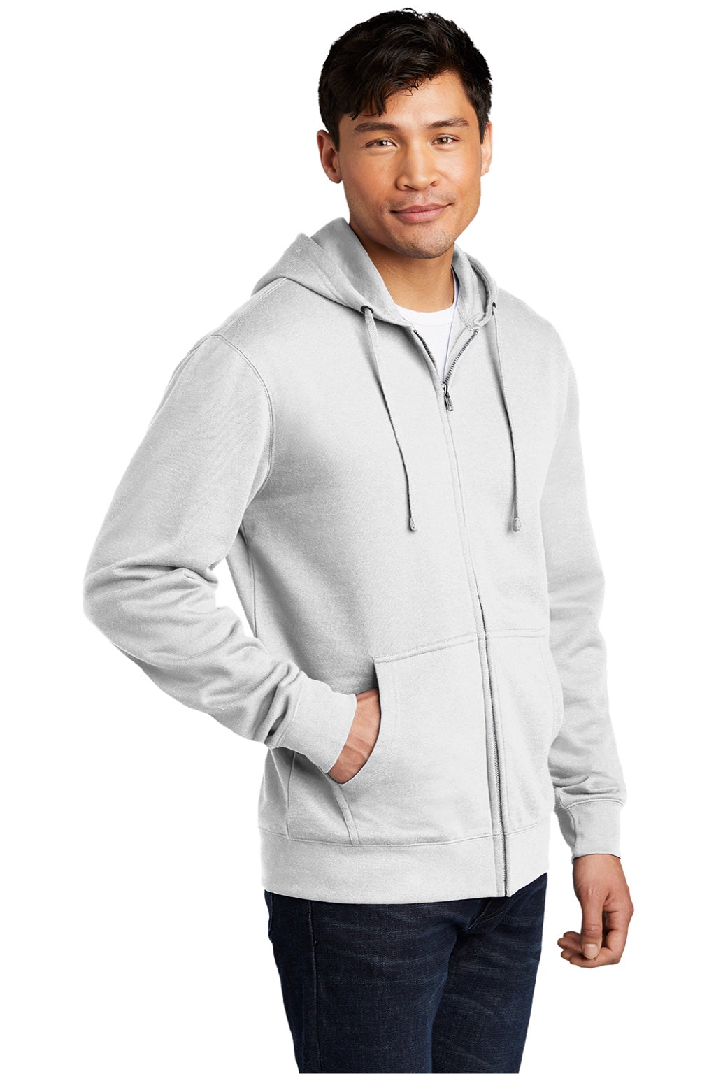 District DT6102 Mens Very Important Fleece Full Zip Hooded Sweatshirt Hoodie w/ Pockets White Model 3q