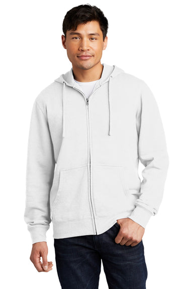 District DT6102 Mens Very Important Fleece Full Zip Hooded Sweatshirt Hoodie w/ Pockets White Model Front