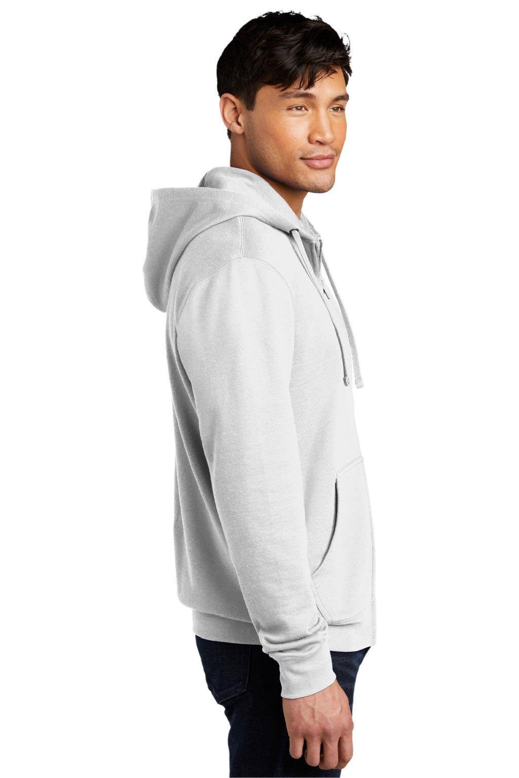 District DT6102 Mens Very Important Fleece Full Zip Hooded Sweatshirt Hoodie w/ Pockets White Model Side