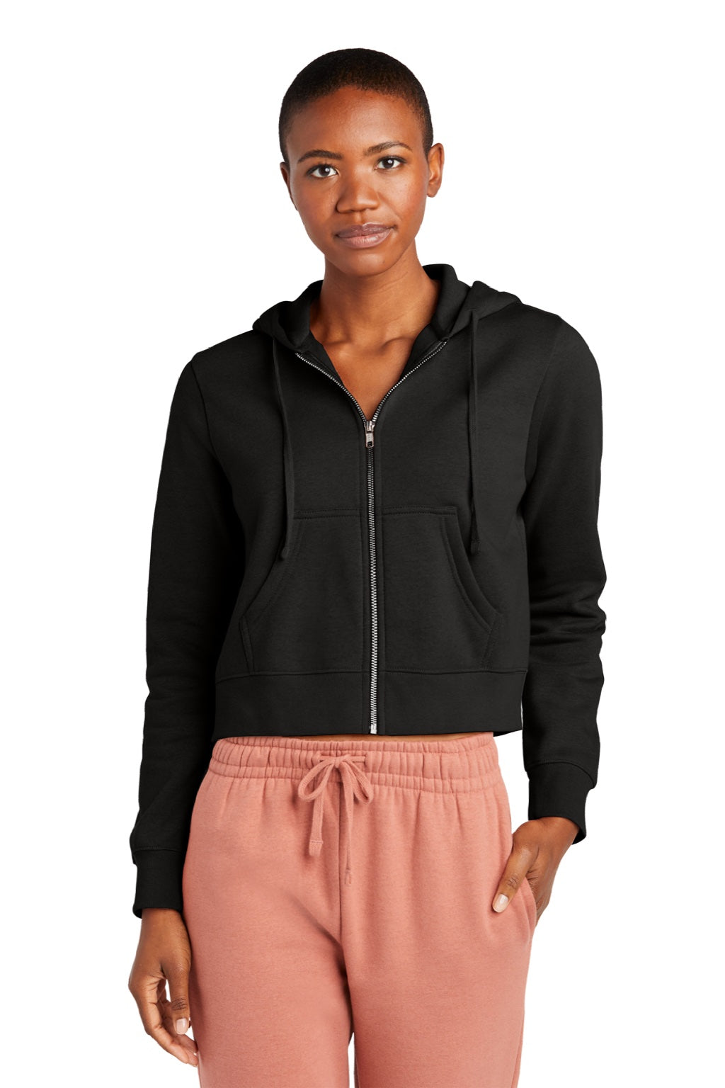 District DT6103 Womens V.I.T. Fleece Full Zip Hooded Sweatshirt Hoodie w/ Pockets Black Model Front
