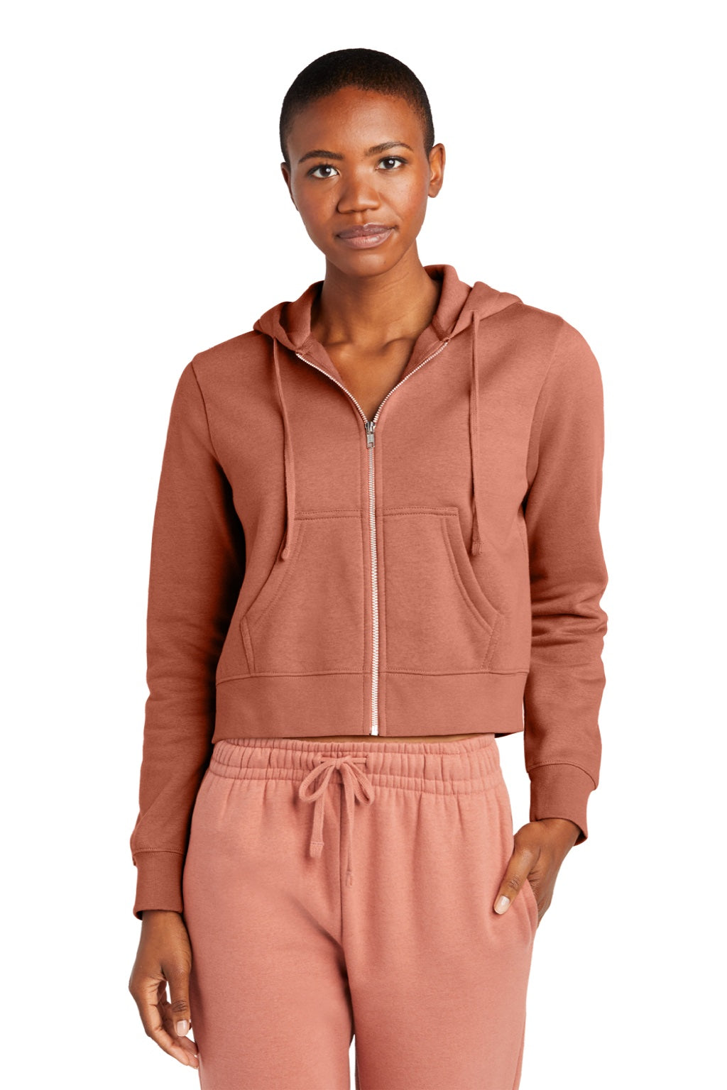 District DT6103 Womens V.I.T. Fleece Full Zip Hooded Sweatshirt Hoodie w/ Pockets Desert Rose Model Front