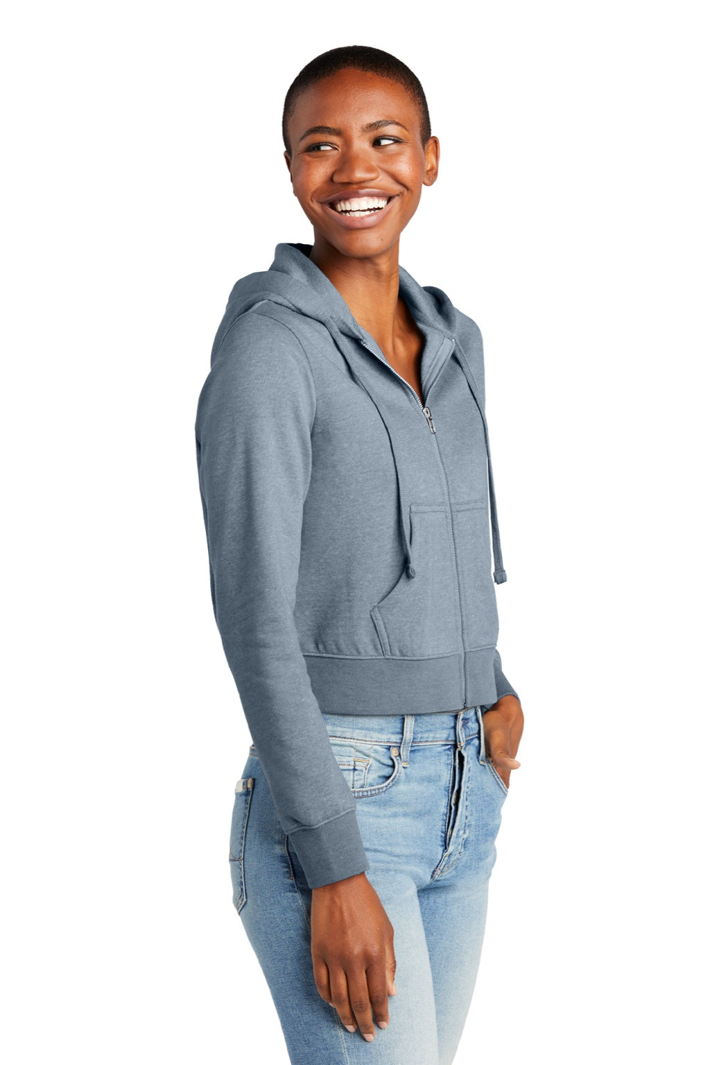 District DT6103 Womens V.I.T. Fleece Full Zip Hooded Sweatshirt Hoodie w/ Pockets Heather Flint Blue Model 3q