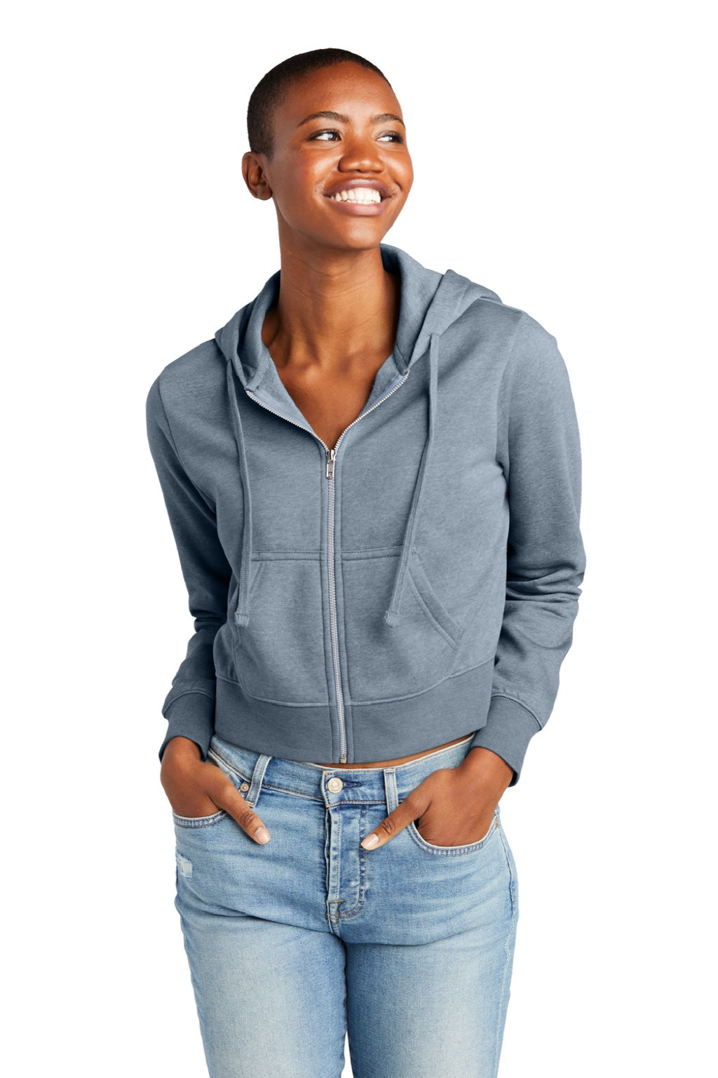 District DT6103 Womens V.I.T. Fleece Full Zip Hooded Sweatshirt Hoodie w/ Pockets Heather Flint Blue Model Front