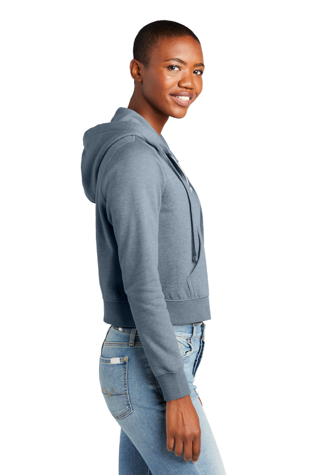 District DT6103 Womens V.I.T. Fleece Full Zip Hooded Sweatshirt Hoodie w/ Pockets Heather Flint Blue Model Side
