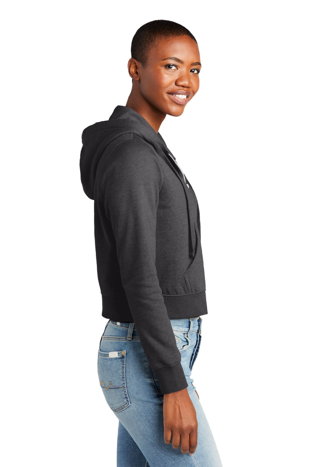 District DT6103 Womens V.I.T. Fleece Full Zip Hooded Sweatshirt Hoodie w/ Pockets Heather Charcoal Grey Model Side