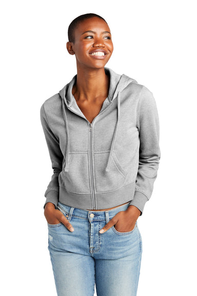District DT6103 Womens V.I.T. Fleece Full Zip Hooded Sweatshirt Hoodie w/ Pockets Heather Light Grey Model Front