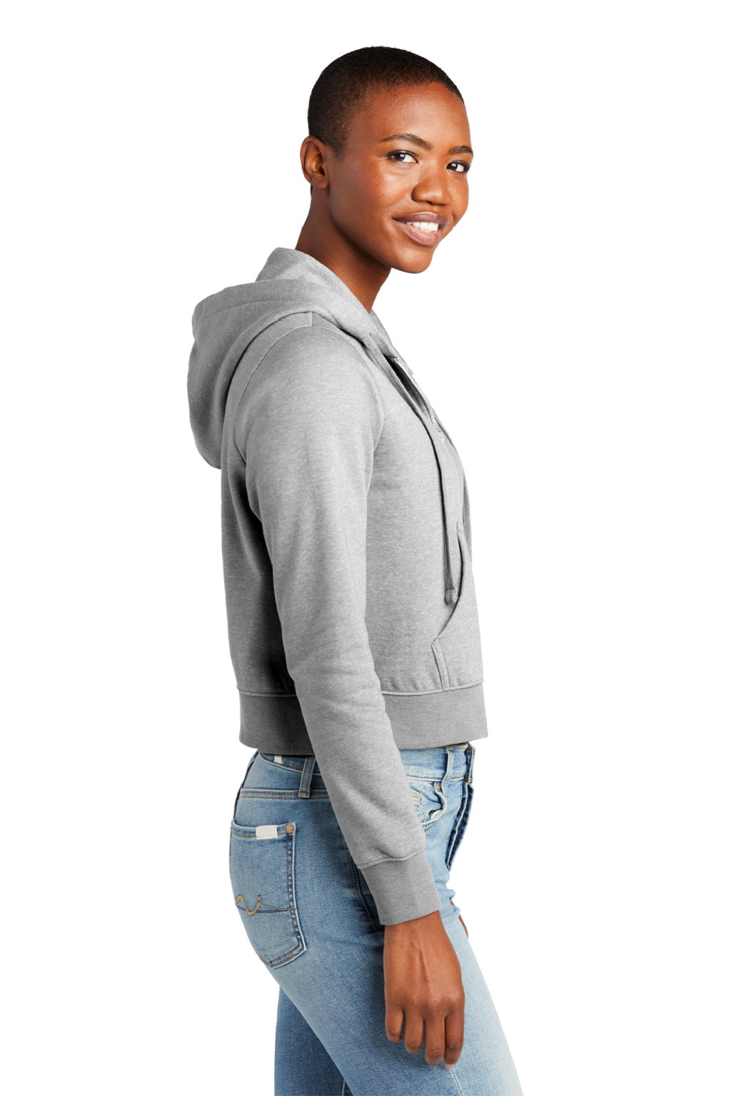 District DT6103 Womens V.I.T. Fleece Full Zip Hooded Sweatshirt Hoodie w/ Pockets Heather Light Grey Model Side