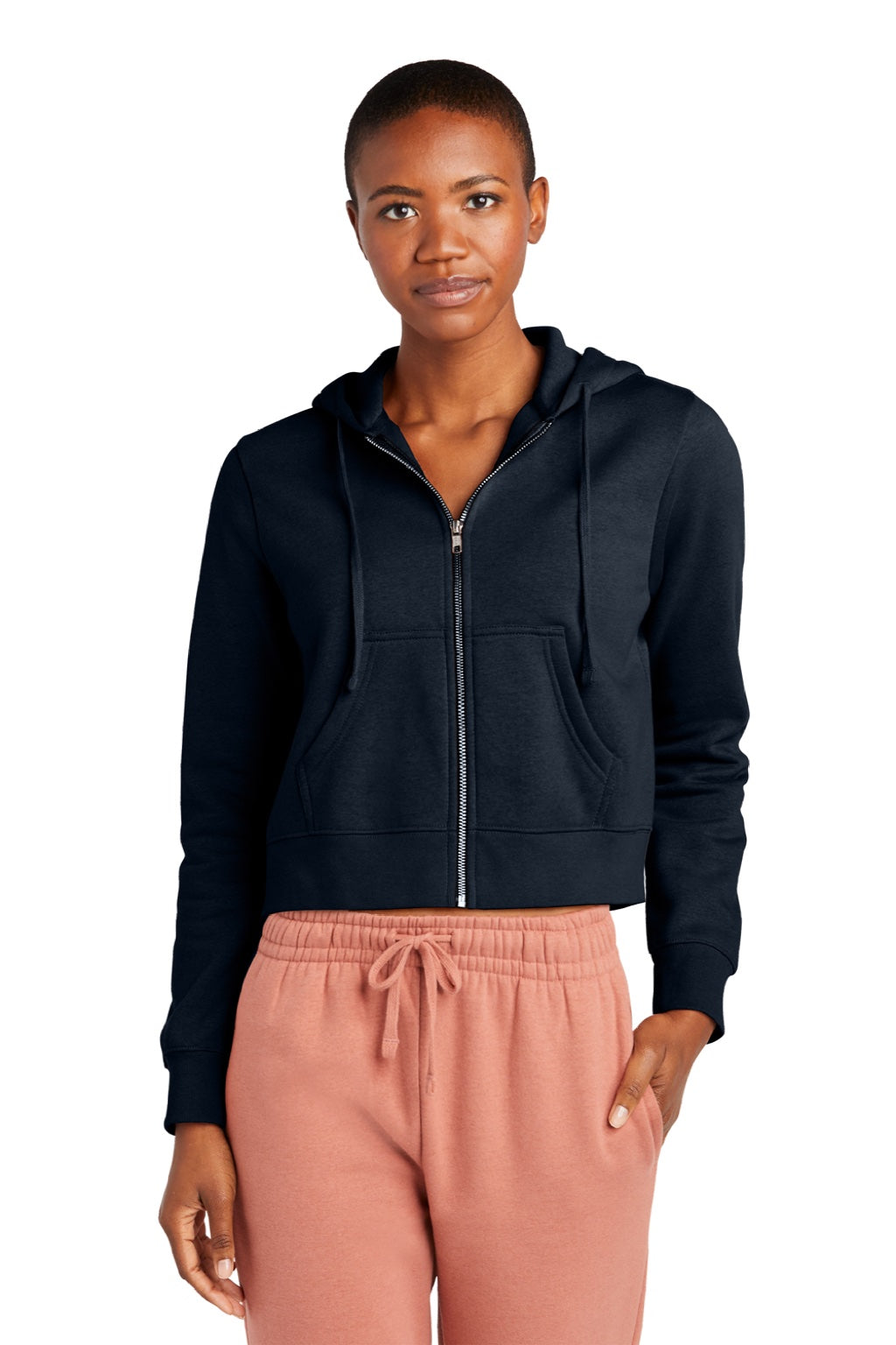 District DT6103 Womens V.I.T. Fleece Full Zip Hooded Sweatshirt Hoodie w/ Pockets New Navy Blue Model Front